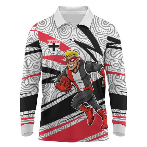 St Kilda Saints Australian Football Long Sleeve Polo Shirt Superhero Mascot Art With Indigenous Pattern Art
