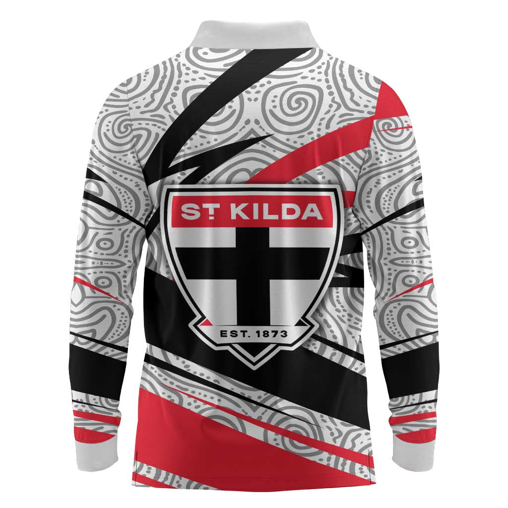 St Kilda Saints Australian Football Long Sleeve Polo Shirt Superhero Mascot Art With Indigenous Pattern Art