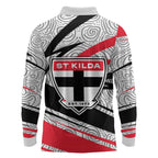St Kilda Saints Australian Football Long Sleeve Polo Shirt Superhero Mascot Art With Indigenous Pattern Art