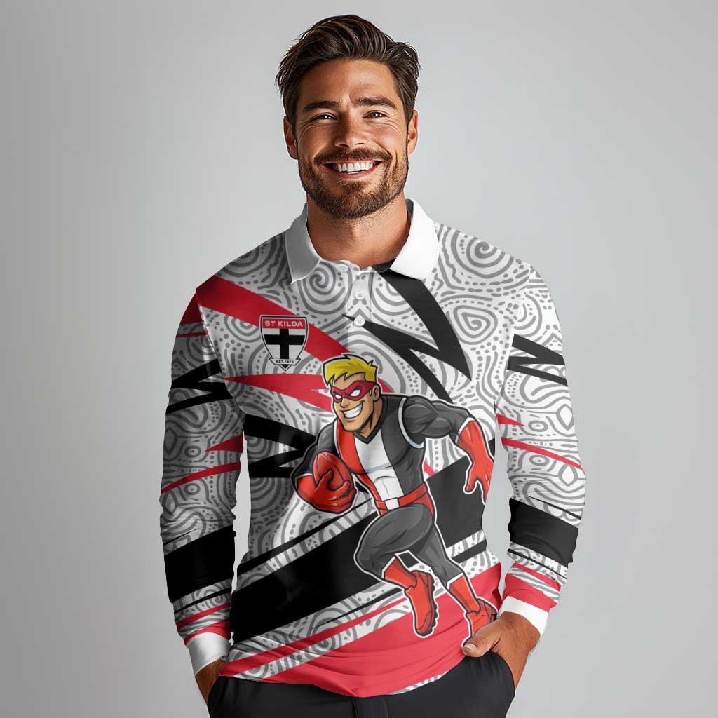 St Kilda Saints Australian Football Long Sleeve Polo Shirt Superhero Mascot Art With Indigenous Pattern Art