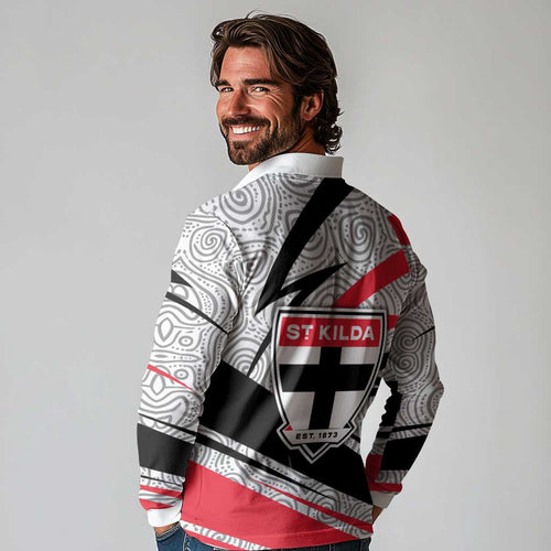 St Kilda Saints Australian Football Long Sleeve Polo Shirt Superhero Mascot Art With Indigenous Pattern Art