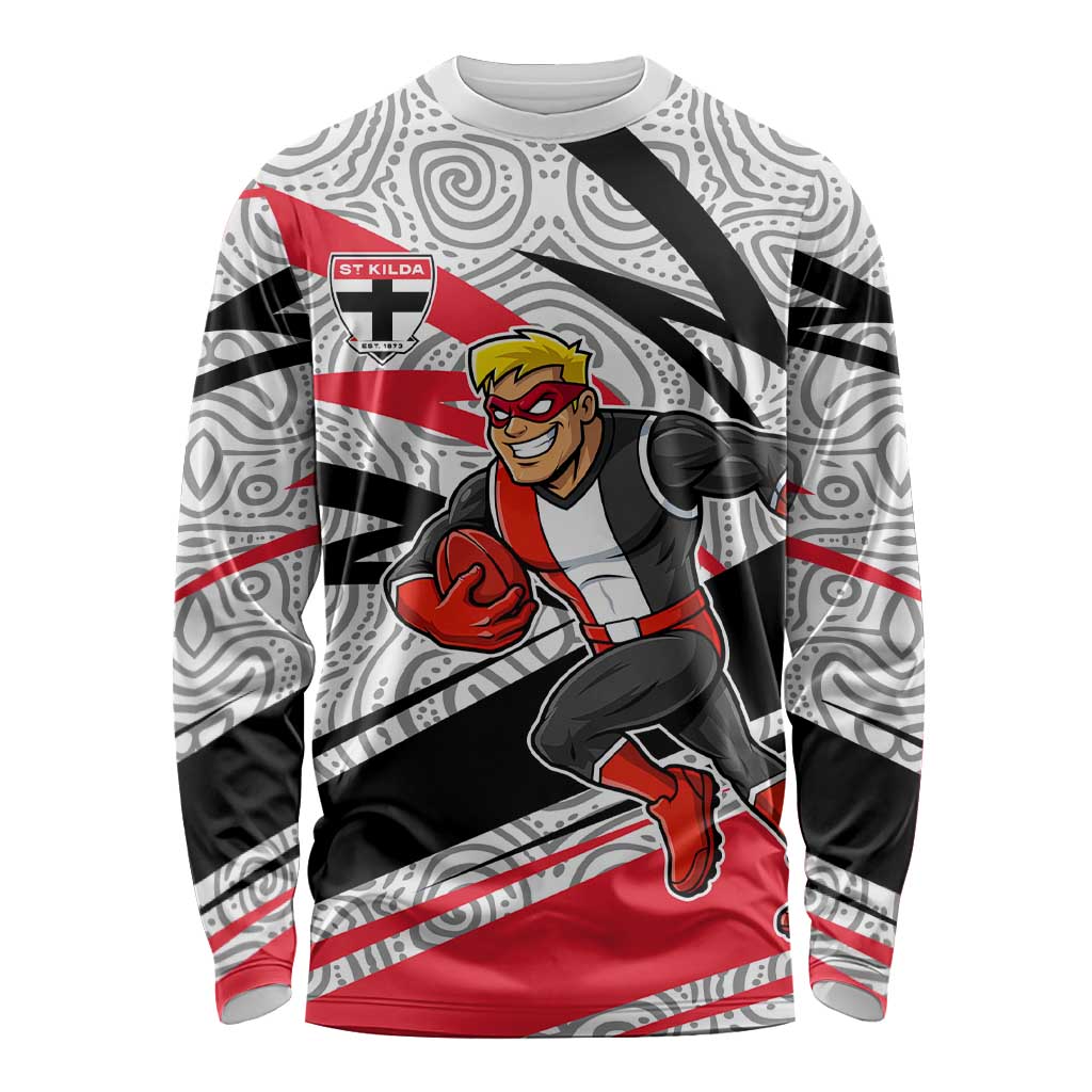 St Kilda Saints Australian Football Long Sleeve Shirt Superhero Mascot Art With Indigenous Pattern Art