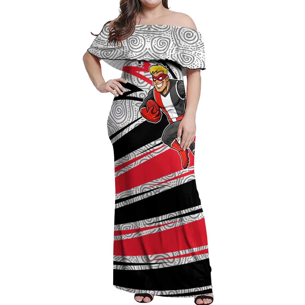 St Kilda Saints Australian Football Off Shoulder Maxi Dress Superhero Mascot Art With Indigenous Pattern Art