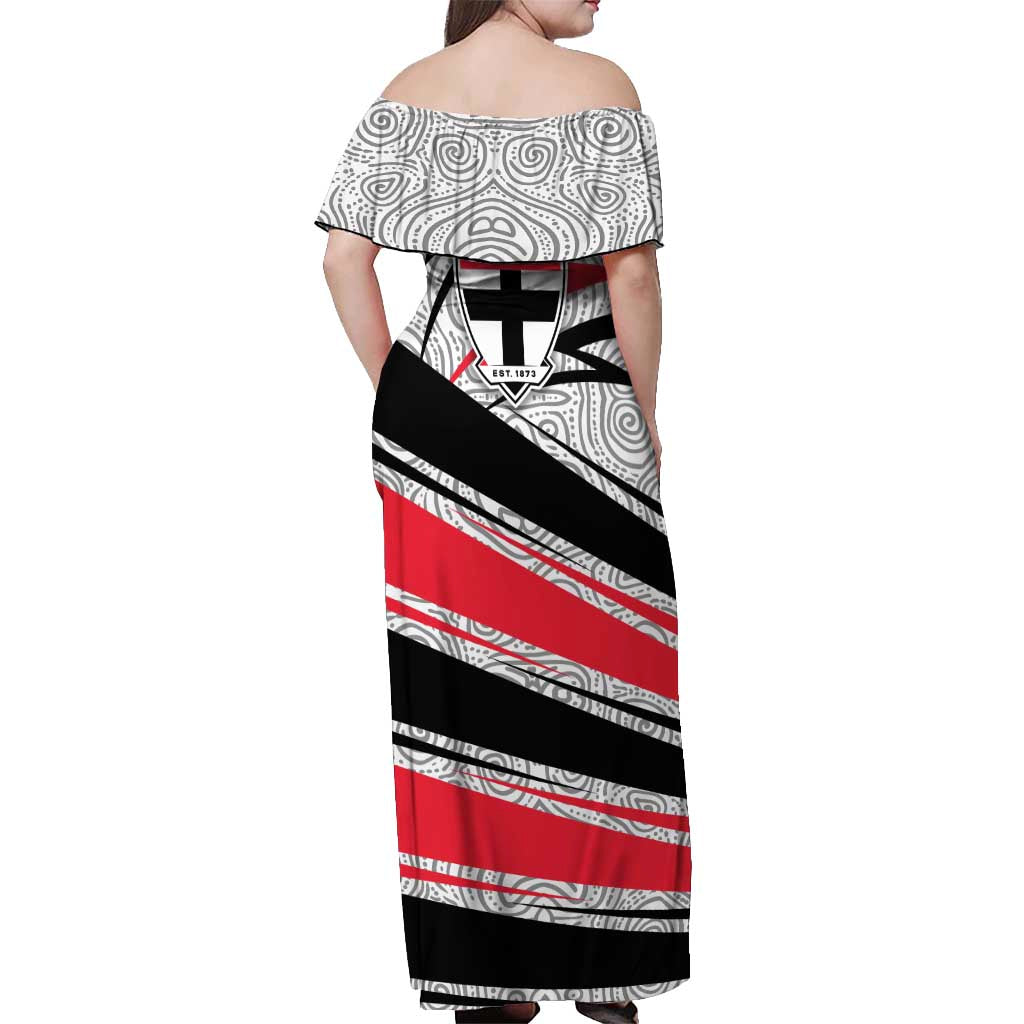 St Kilda Saints Australian Football Off Shoulder Maxi Dress Superhero Mascot Art With Indigenous Pattern Art