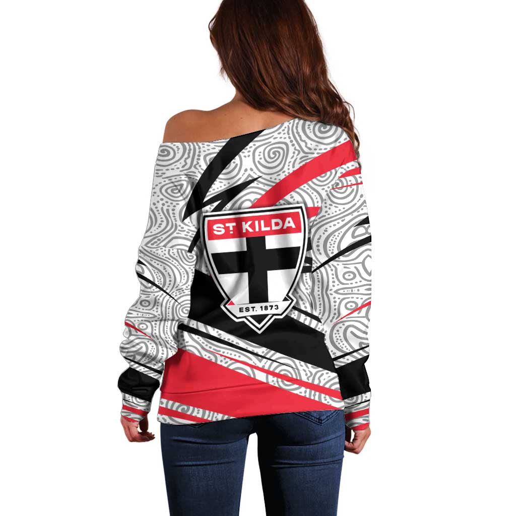 St Kilda Saints Australian Football Off Shoulder Sweater Superhero Mascot Art With Indigenous Pattern Art
