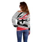 St Kilda Saints Australian Football Off Shoulder Sweater Superhero Mascot Art With Indigenous Pattern Art