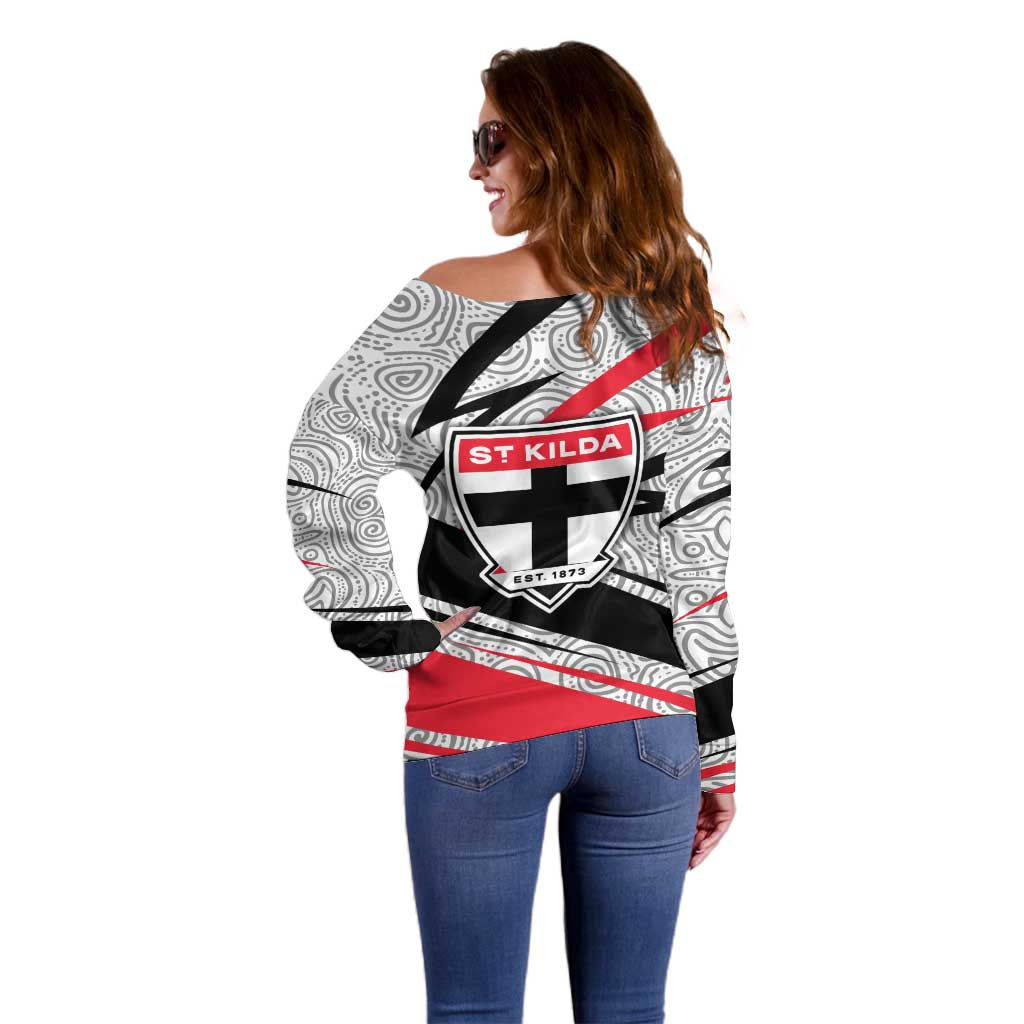 St Kilda Saints Australian Football Off Shoulder Sweater Superhero Mascot Art With Indigenous Pattern Art