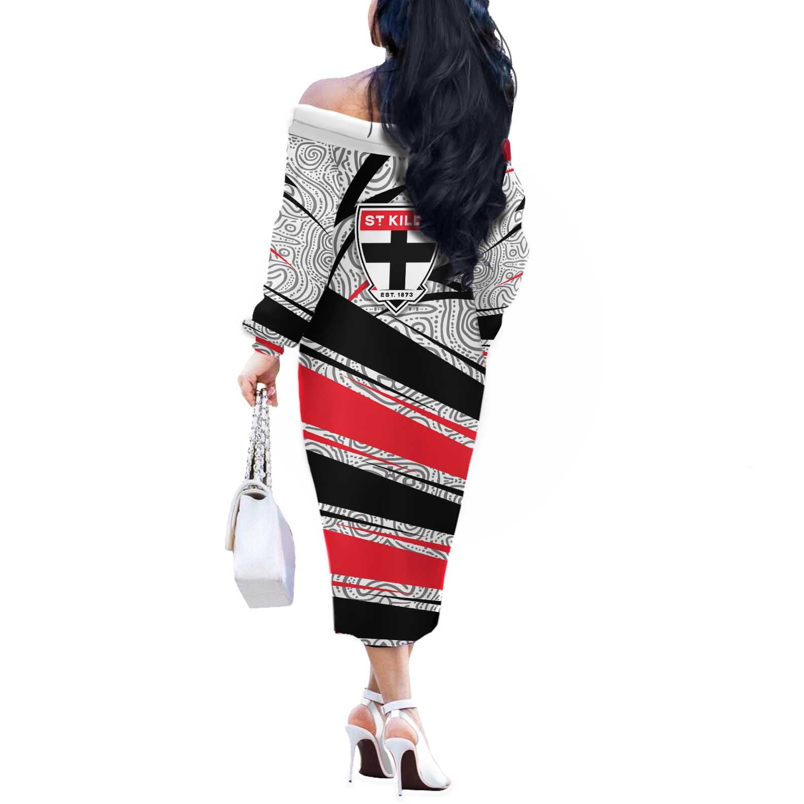 St Kilda Saints Australian Football Off The Shoulder Long Sleeve Dress Superhero Mascot Art With Indigenous Pattern Art