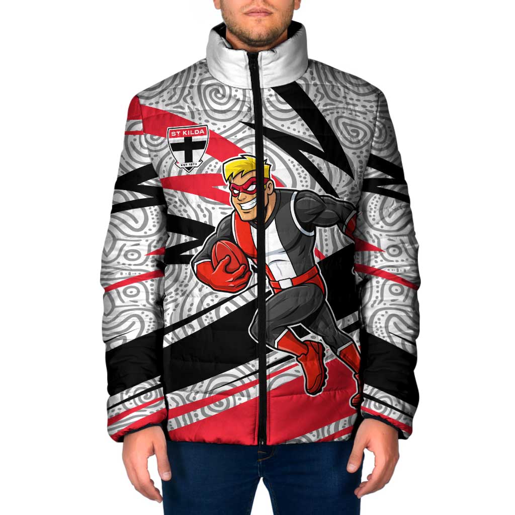 St Kilda Saints Australian Football Padded Jacket Superhero Mascot Art With Indigenous Pattern Art