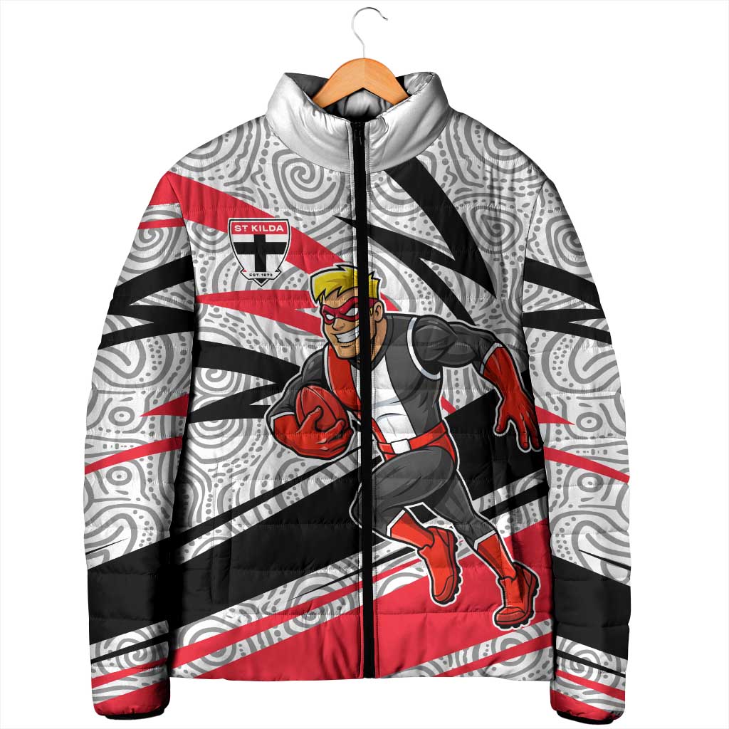 St Kilda Saints Australian Football Padded Jacket Superhero Mascot Art With Indigenous Pattern Art
