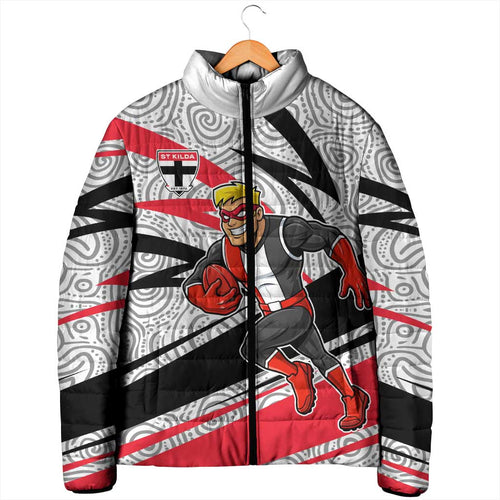 St Kilda Saints Australian Football Padded Jacket Superhero Mascot Art With Indigenous Pattern Art