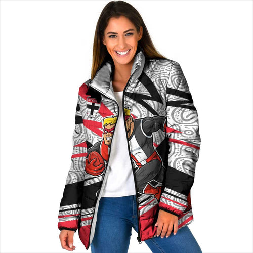St Kilda Saints Australian Football Padded Jacket Superhero Mascot Art With Indigenous Pattern Art