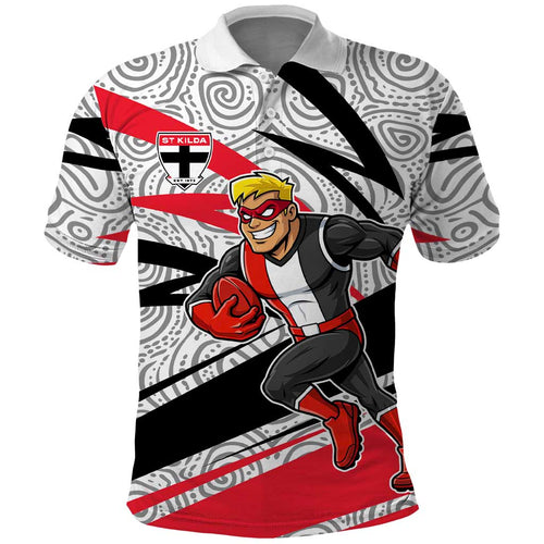 St Kilda Saints Australian Football Polo Shirt Superhero Mascot Art With Indigenous Pattern Art