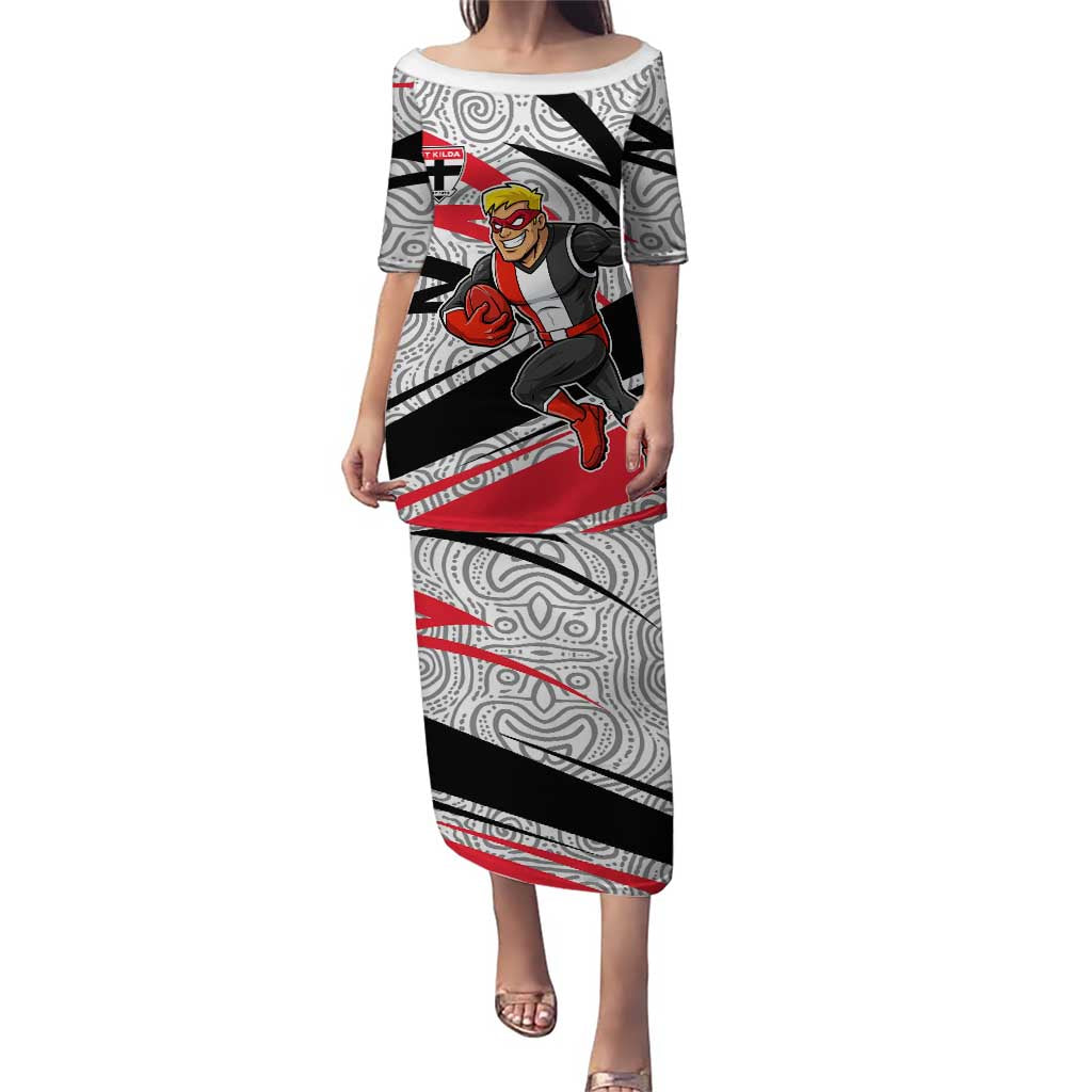 St Kilda Saints Australian Football Puletasi Superhero Mascot Art With Indigenous Pattern Art