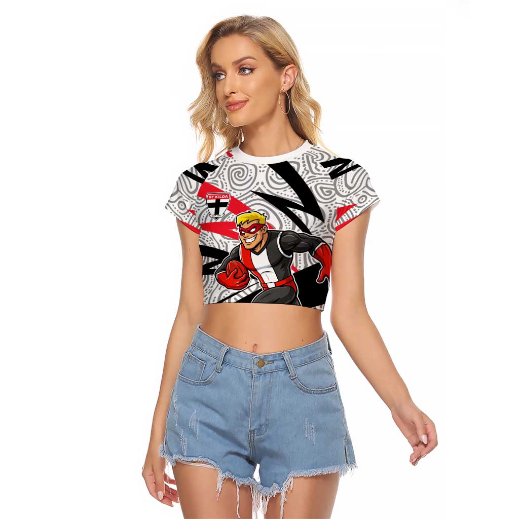 St Kilda Saints Australian Football Raglan Cropped T Shirt Superhero Mascot Art With Indigenous Pattern Art