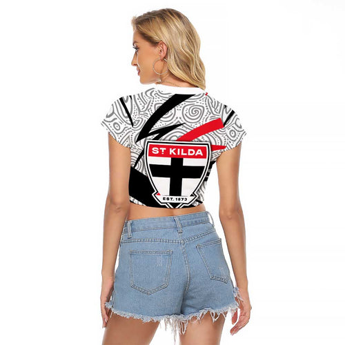 St Kilda Saints Australian Football Raglan Cropped T Shirt Superhero Mascot Art With Indigenous Pattern Art