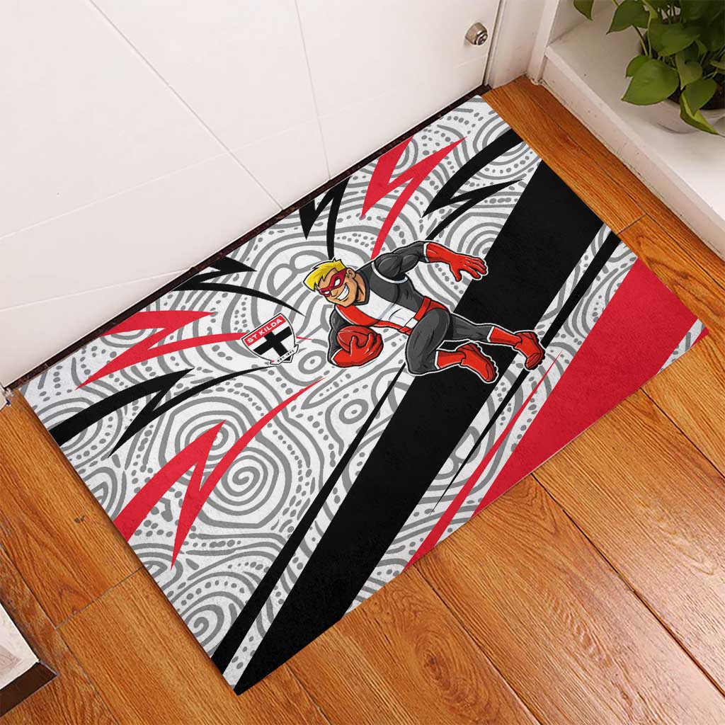 St Kilda Saints Australian Football Rubber Doormat Superhero Mascot Art With Indigenous Pattern Art