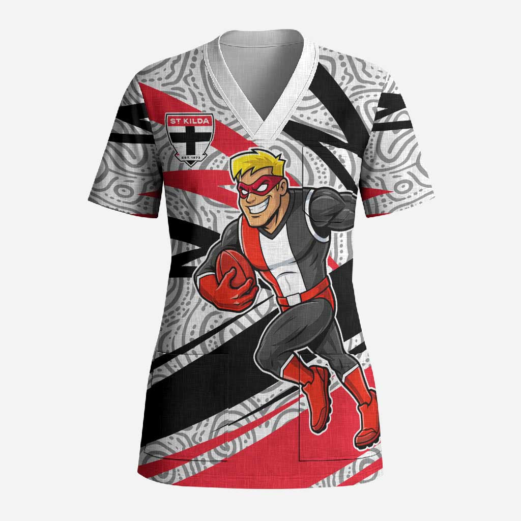 St Kilda Saints Australian Football Scrub Top Superhero Mascot Art With Indigenous Pattern Art
