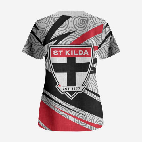 St Kilda Saints Australian Football Scrub Top Superhero Mascot Art With Indigenous Pattern Art