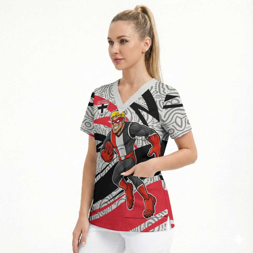 St Kilda Saints Australian Football Scrub Top Superhero Mascot Art With Indigenous Pattern Art
