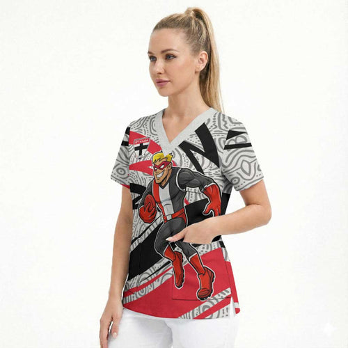 St Kilda Saints Australian Football Scrub Top Superhero Mascot Art With Indigenous Pattern Art