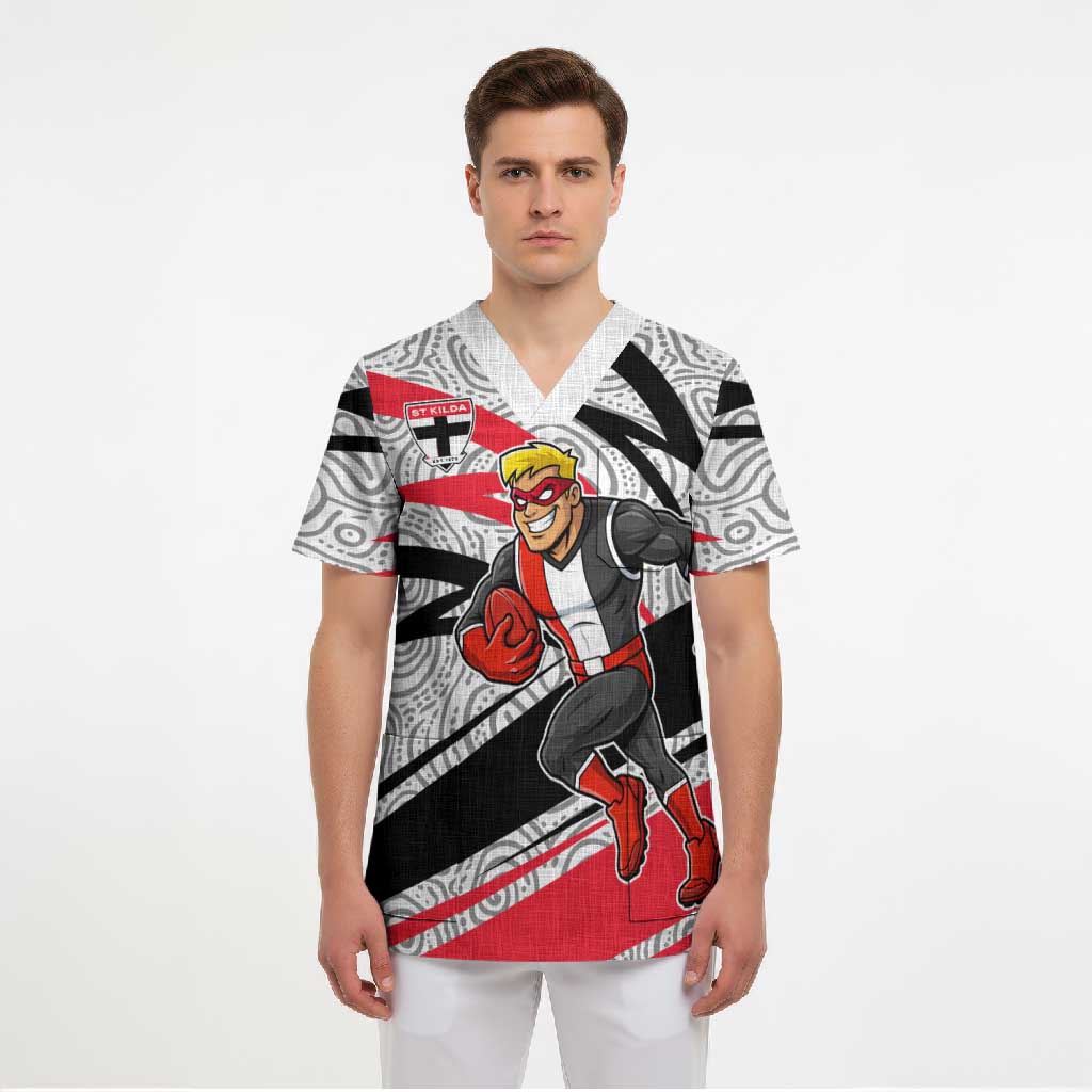 St Kilda Saints Australian Football Scrub Top Superhero Mascot Art With Indigenous Pattern Art