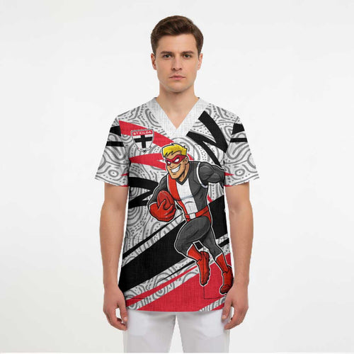 St Kilda Saints Australian Football Scrub Top Superhero Mascot Art With Indigenous Pattern Art