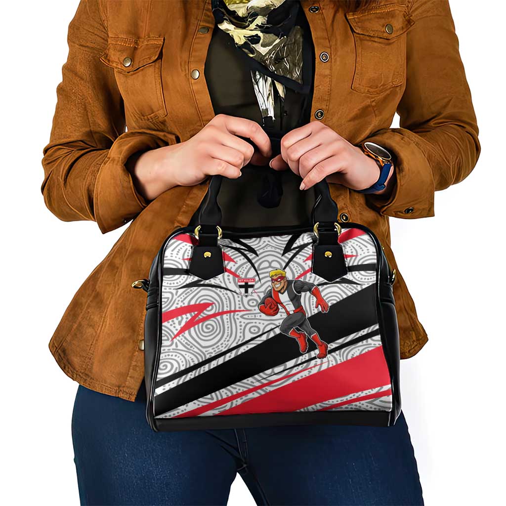 St Kilda Saints Australian Football Shoulder Handbag Superhero Mascot Art With Indigenous Pattern Art