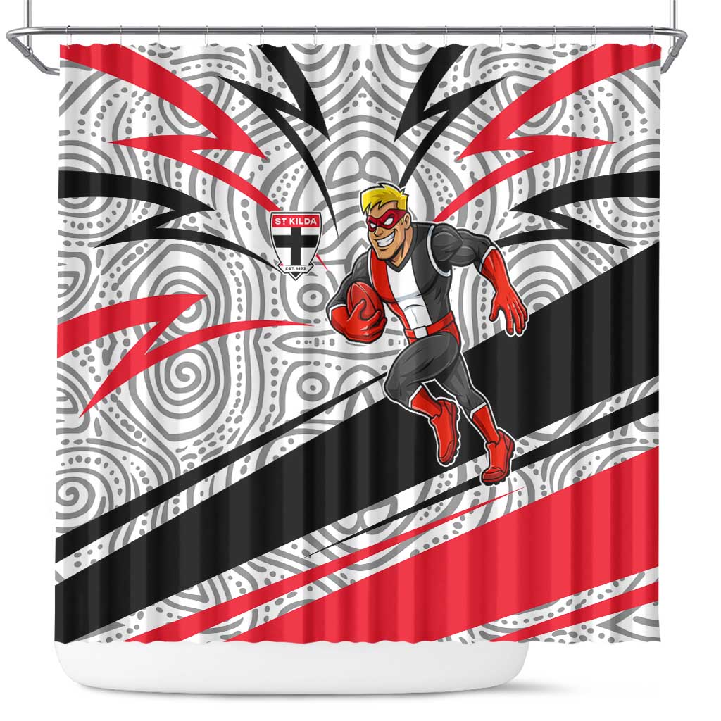 St Kilda Saints Australian Football Shower Curtain Superhero Mascot Art With Indigenous Pattern Art