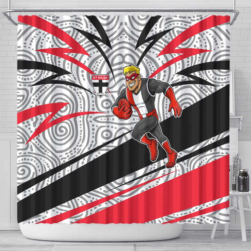 St Kilda Saints Australian Football Shower Curtain Superhero Mascot Art With Indigenous Pattern Art