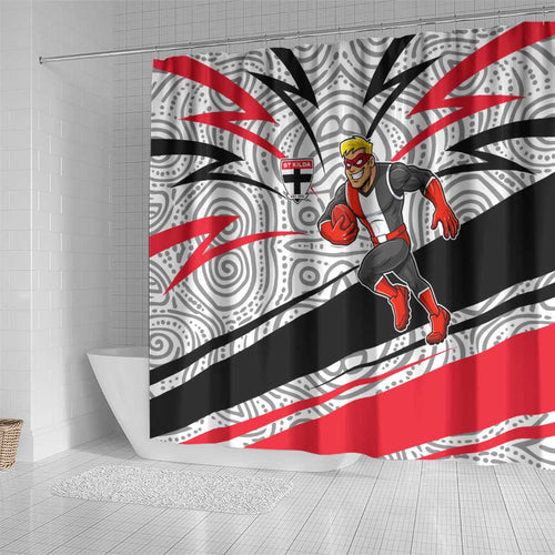 St Kilda Saints Australian Football Shower Curtain Superhero Mascot Art With Indigenous Pattern Art