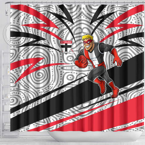 St Kilda Saints Australian Football Shower Curtain Superhero Mascot Art With Indigenous Pattern Art