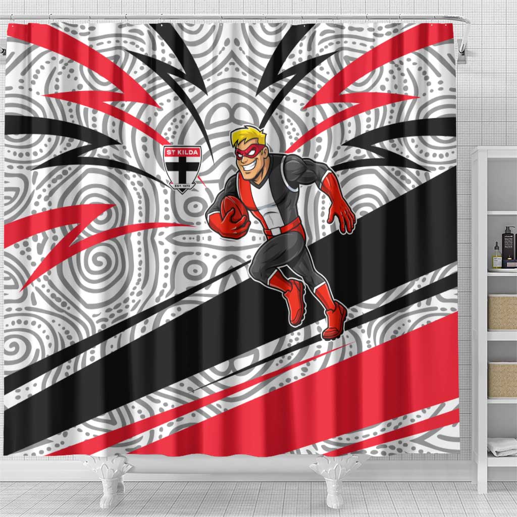 St Kilda Saints Australian Football Shower Curtain Superhero Mascot Art With Indigenous Pattern Art