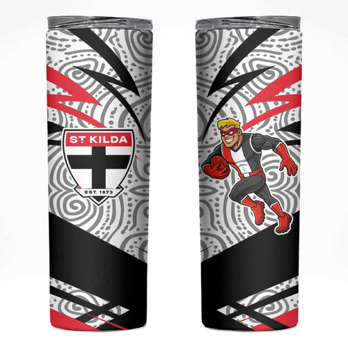 St Kilda Saints Australian Football Skinny Tumbler Superhero Mascot Art With Indigenous Pattern Art