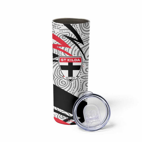 St Kilda Saints Australian Football Skinny Tumbler Superhero Mascot Art With Indigenous Pattern Art