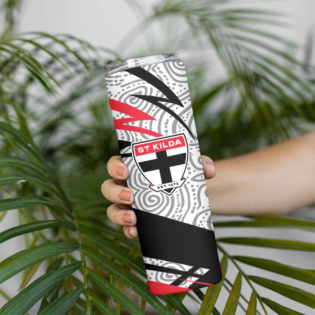 St Kilda Saints Australian Football Skinny Tumbler Superhero Mascot Art With Indigenous Pattern Art
