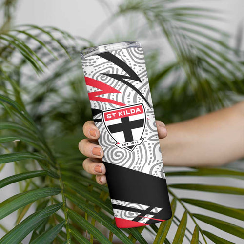 St Kilda Saints Australian Football Skinny Tumbler Superhero Mascot Art With Indigenous Pattern Art
