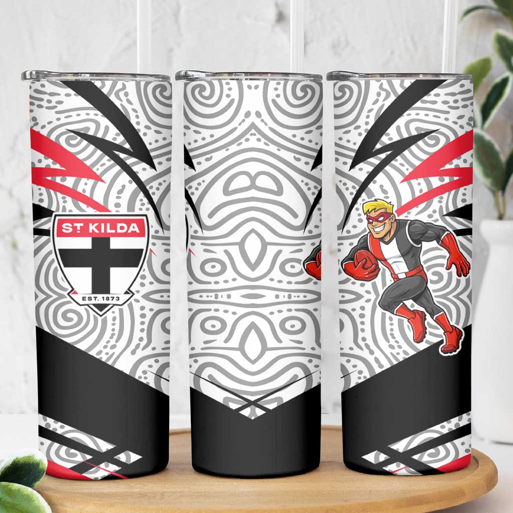 St Kilda Saints Australian Football Skinny Tumbler Superhero Mascot Art With Indigenous Pattern Art