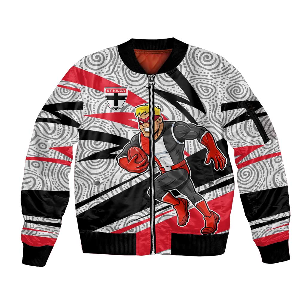St Kilda Saints Australian Football Sleeve Zip Bomber Jacket Superhero Mascot Art With Indigenous Pattern Art