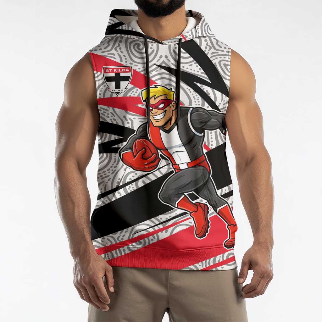 St Kilda Saints Australian Football Sleeveless Hoodie Superhero Mascot Art With Indigenous Pattern Art