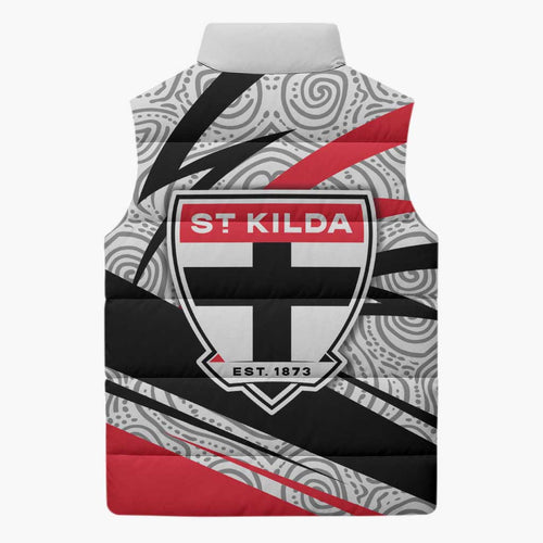 St Kilda Saints Australian Football Sleeveless Puffer Jacket Superhero Mascot Art With Indigenous Pattern Art