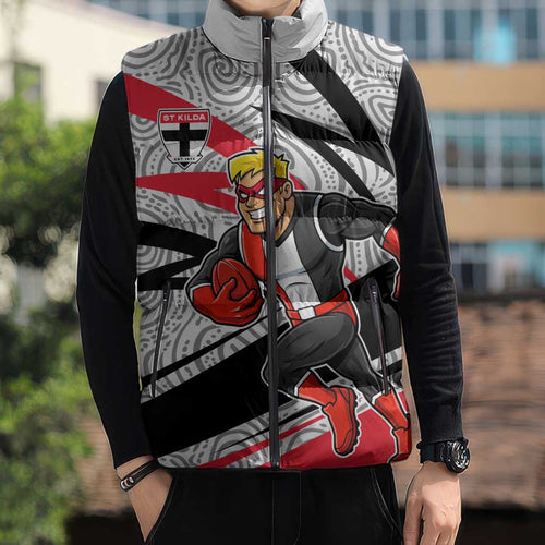 St Kilda Saints Australian Football Sleeveless Puffer Jacket Superhero Mascot Art With Indigenous Pattern Art