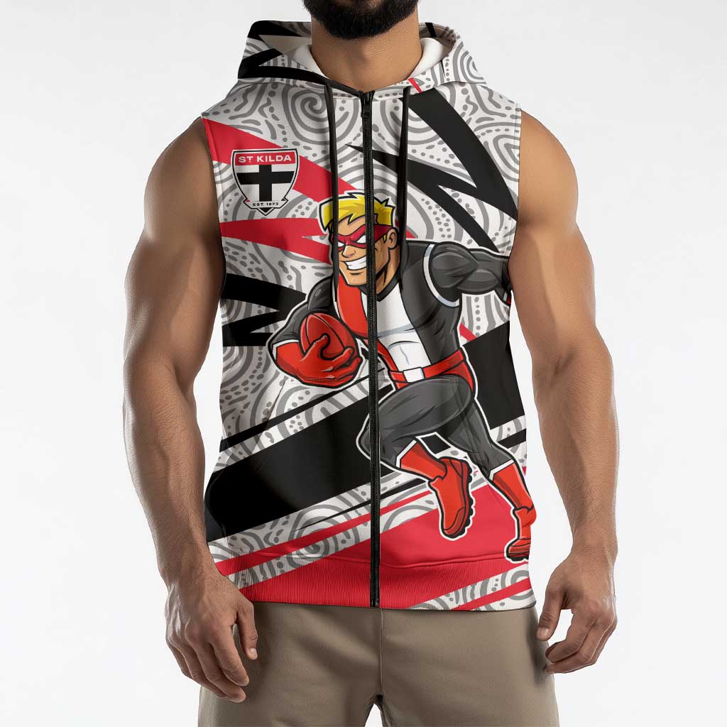 St Kilda Saints Australian Football Sleeveless Zip Hoodie Superhero Mascot Art With Indigenous Pattern Art