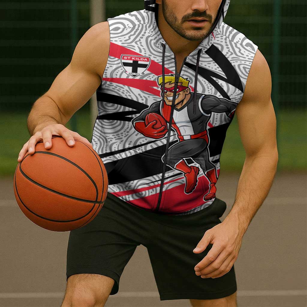 St Kilda Saints Australian Football Sleeveless Zip Hoodie Superhero Mascot Art With Indigenous Pattern Art