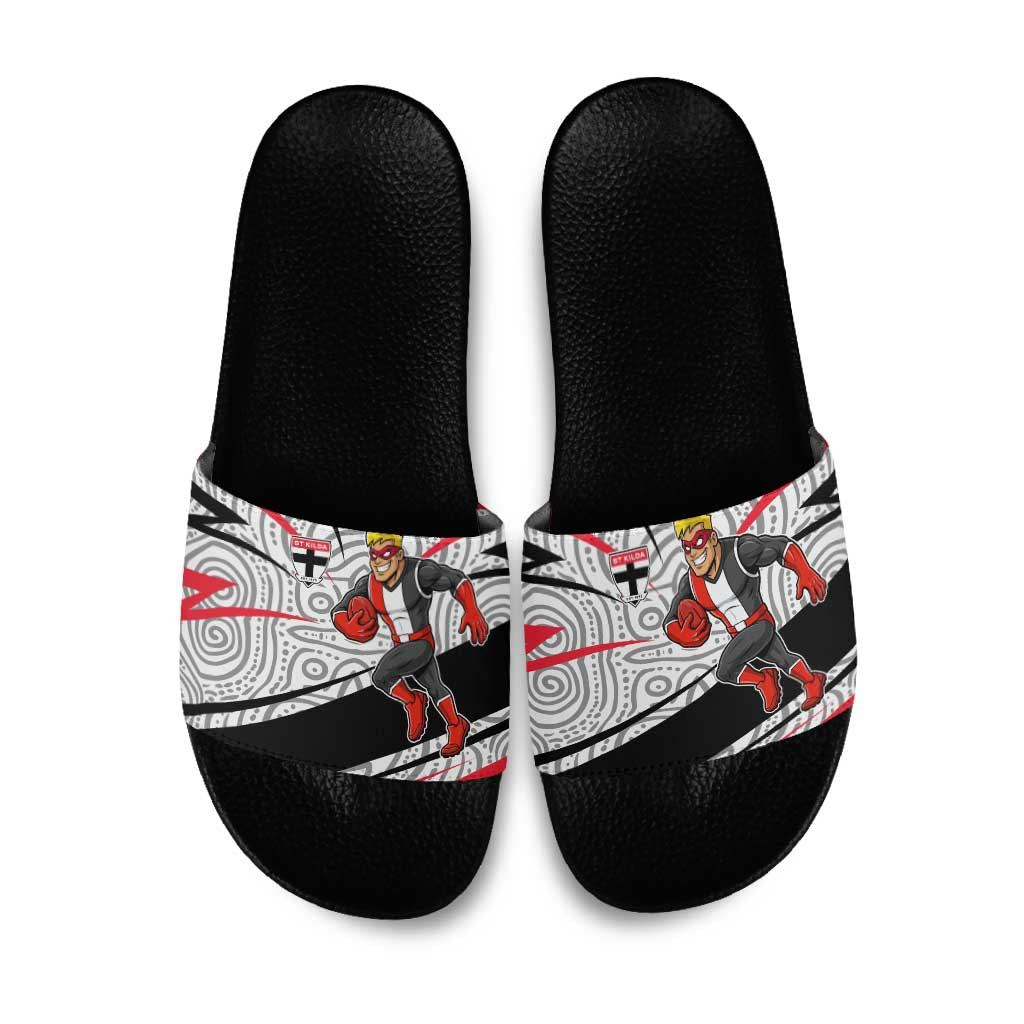St Kilda Saints Australian Football Slide Sandals Superhero Mascot Art With Indigenous Pattern Art