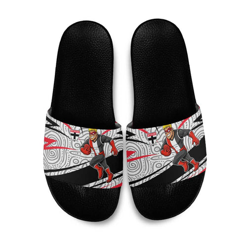 St Kilda Saints Australian Football Slide Sandals Superhero Mascot Art With Indigenous Pattern Art