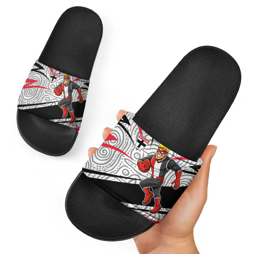 St Kilda Saints Australian Football Slide Sandals Superhero Mascot Art With Indigenous Pattern Art