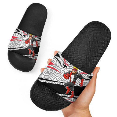 St Kilda Saints Australian Football Slide Sandals Superhero Mascot Art With Indigenous Pattern Art