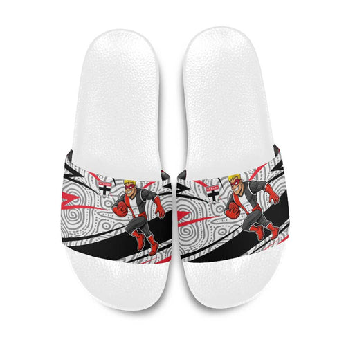 St Kilda Saints Australian Football Slide Sandals Superhero Mascot Art With Indigenous Pattern Art
