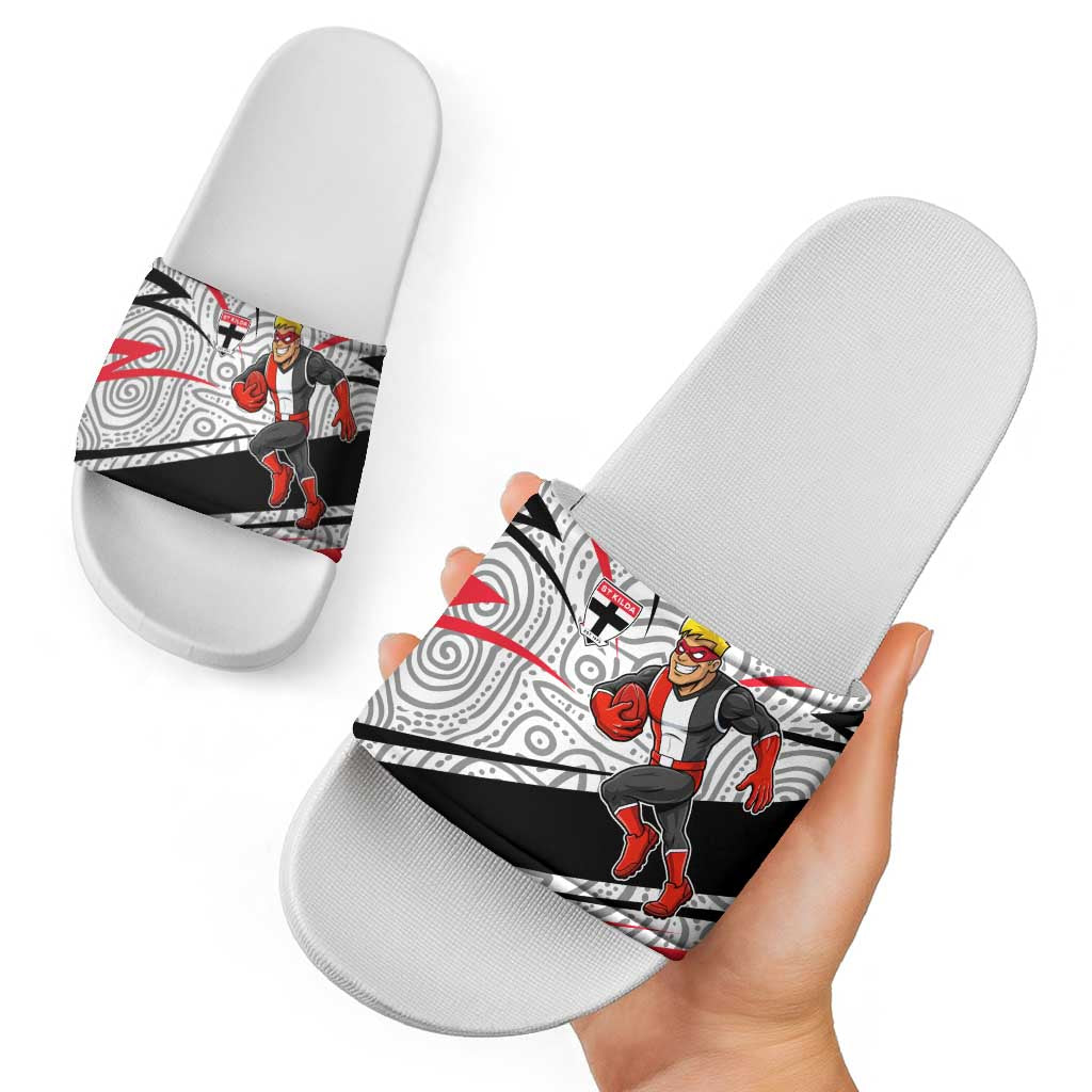 St Kilda Saints Australian Football Slide Sandals Superhero Mascot Art With Indigenous Pattern Art